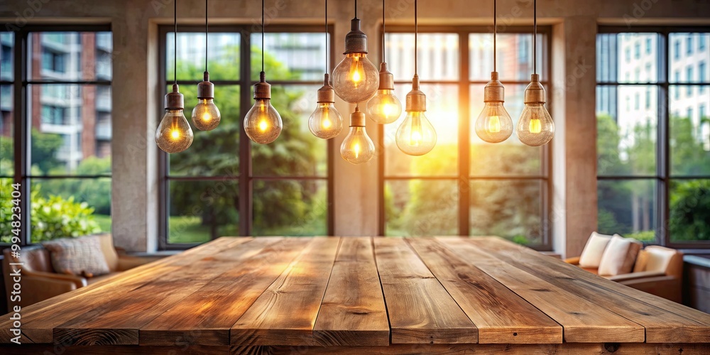 Fototapeta premium A rustic wooden table with hanging light bulbs in a modern living room setting, inviting a cozy atmosphere.