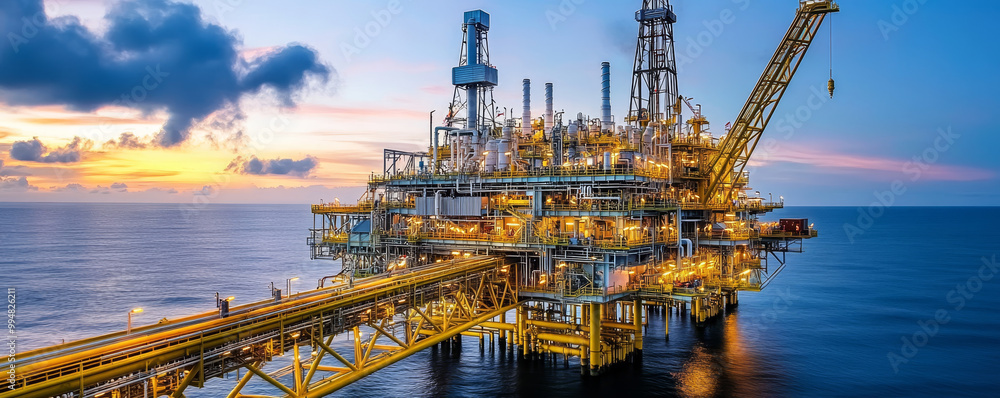 A modern oil rig stands majestically over ocean at sunset, showcasing advanced industrial architecture and technology. vibrant colors of sky reflect on water, creating stunning visual
