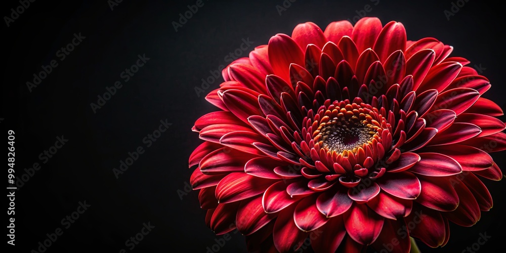 A single red gerbera daisy with delicate petals against a dark backdrop, showcasing its intricate structure and vibrant hues. A single red gerbera daisy with delicate petals against a dark backdrop, showcasing its intricate structure and vibrant hues.