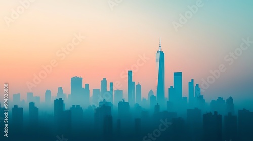 City skyline shrouded in smog, blurred outline, wide shot, early morning, dim light