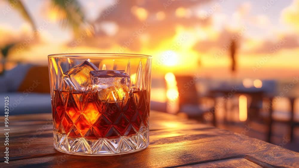 Smooth pour of whiskey from bottle into tumbler with ice. Smooth pour of whiskey from bottle into tumbler with ice.