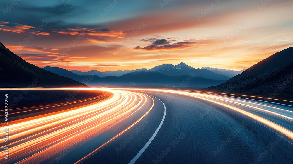 High-speed road with motion blur, beautiful sunset, and mountains in the background High-speed road with motion blur, beautiful sunset, and mountains in the background