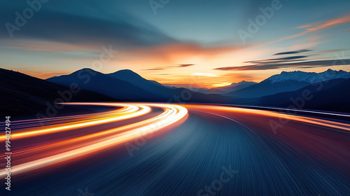 High-speed road with motion blur, beautiful sunset, and mountains in the background photo