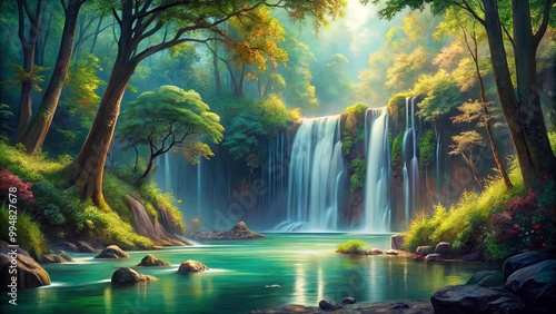 A cascading waterfall flows into a serene pool, surrounded by lush greenery and towering trees, bathed in the golden glow of sunlight.