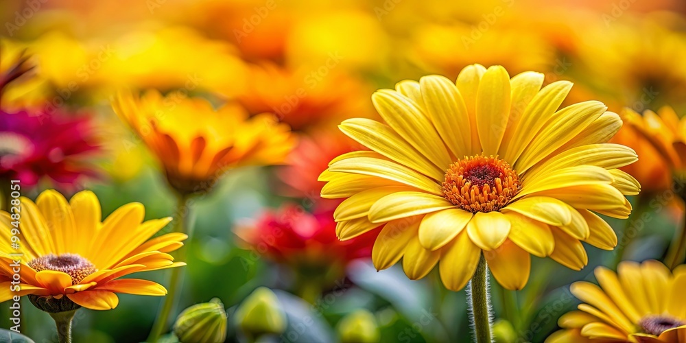 A vibrant yellow daisy blooms in a field of colorful blossoms, a testament to the beauty of nature's delicate artistry A vibrant yellow daisy blooms in a field of colorful blossoms, a testament to the beauty of nature's delicate artistry