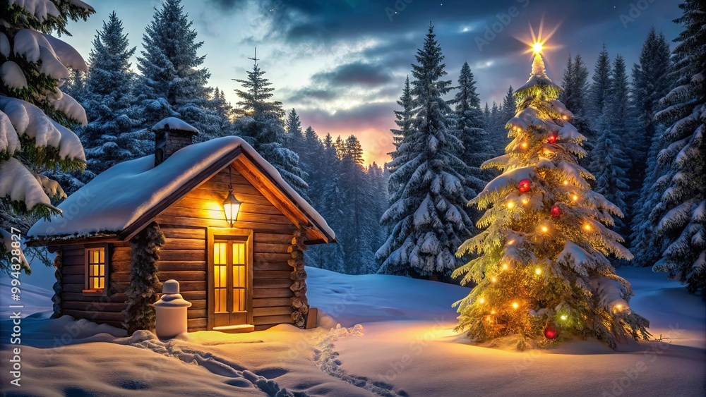 A cozy cabin with glowing windows and a snow-covered roof sits in the snowy forest, illuminated by the twinkling lights of a decorated Christmas tree under the starry night sky.