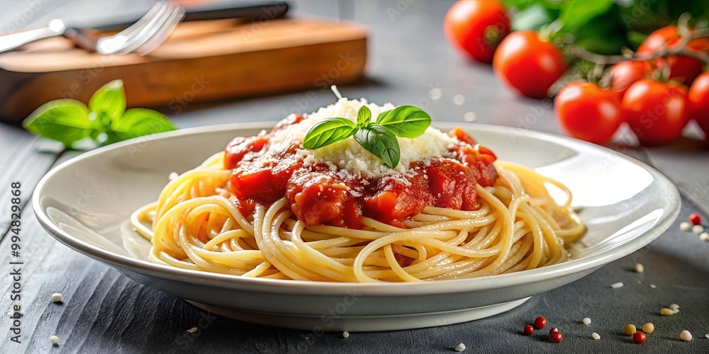 A Closeup of a Plate of Spaghetti with Tomato Sauce, Fresh Basil, and Grated Parmesan Cheese on a Rustic Table A Closeup of a Plate of Spaghetti with Tomato Sauce, Fresh Basil, and Grated Parmesan Cheese on a Rustic Table