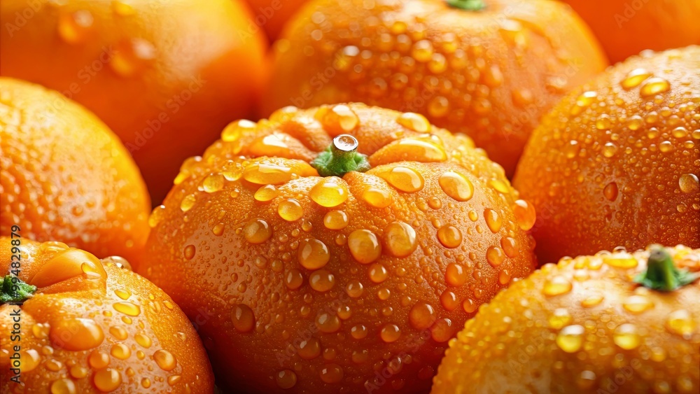 A close-up image of dew-covered oranges, showcasing the glistening droplets of water that highlight the fruit's vibrant orange hue.