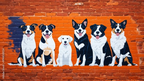 painted mural of dogs on a rustic orange brick wall background, full image