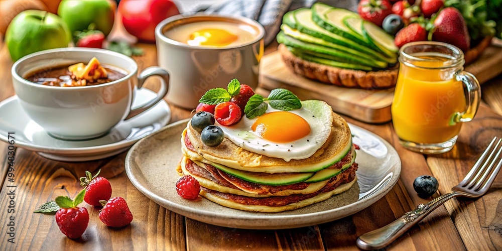 A plate of savory pancakes topped with a fried egg, cucumber slices, and fresh berries, served with a glass of orange juice and a cup of coffee A plate of savory pancakes topped with a fried egg, cucumber slices, and fresh berries, served with a glass of orange juice and a cup of coffee