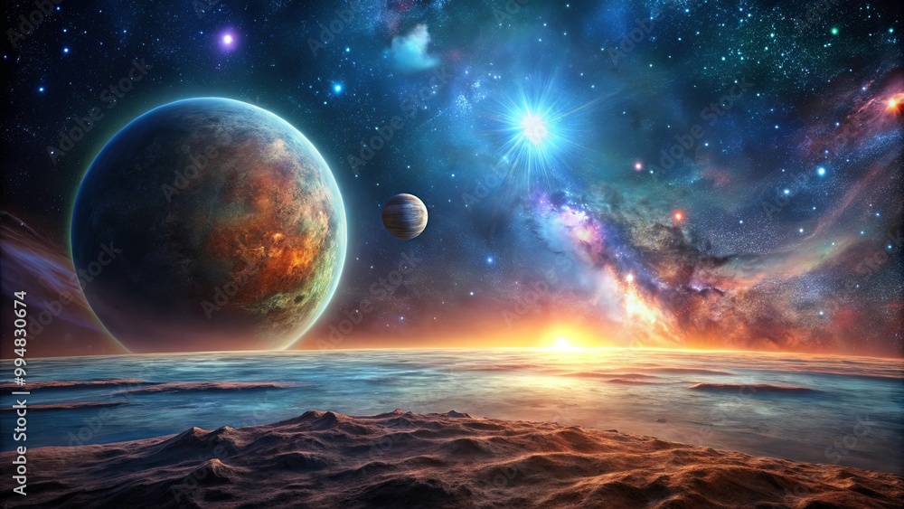 A celestial landscape with a vibrant sunset on a distant planet, showcasing a swirling nebula and a large gas giant in the night sky A celestial landscape with a vibrant sunset on a distant planet, showcasing a swirling nebula and a large gas giant in the night sky