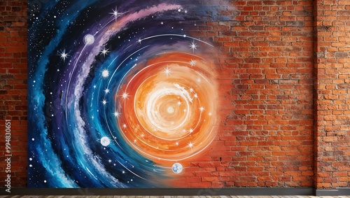 painted mural of celestial theme on a rustic orange brick wall background, full image