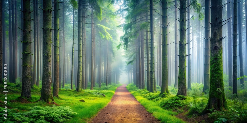 A solitary pathway winds through a dense, verdant forest shrouded in a mystical veil of fog, revealing glimpses of sunlight dappling the woodland floor A solitary pathway winds through a dense, verdant forest shrouded in a mystical veil of fog, revealing glimpses of sunlight dappling the woodland floor