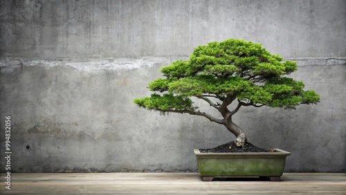 A small bonsai tree in a green pot against a rough concrete wall, showcasing the beauty of nature's miniature wonders