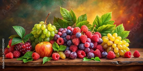 A Still Life Arrangement Featuring a Colorful Assortment of Grapes, Raspberries, Plums, and a Single Apple on a Rustic Wooden Table