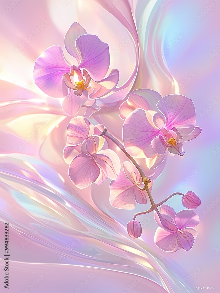 Fototapeta premium 3D abstract background featuring pink orchids against a flowing, iridescent backdrop with soft curves and a glossy, silk-like texture