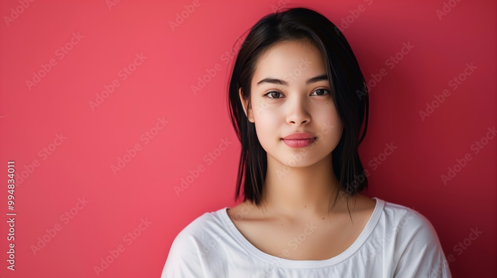 Portrait of a Young Woman Against a Red Background - Close-Up, Casual White Shirt Portrait of a Young Woman Against a Red Background - Close-Up, Casual White Shirt