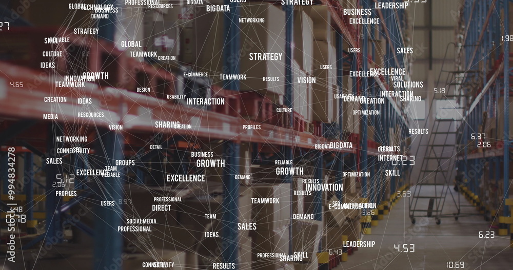 Image of network of connections with texts over warehouse Image of network of connections with texts over warehouse