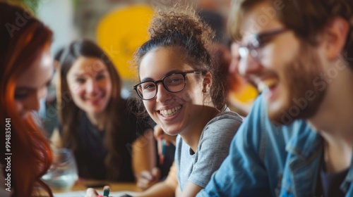 Smiling young woman in a group of friends, happiness, teamwork, collaboration, and youth culture