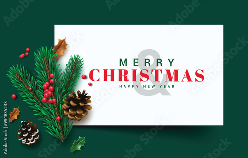 Merry christmas greetings vector template design. Christmas greeting text in white frame with pine tree leaves, holly red berries and spruce elements in green background. Vector illustration holiday 