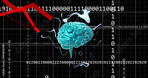 Image of brain, binary coding and digital data processing over black background