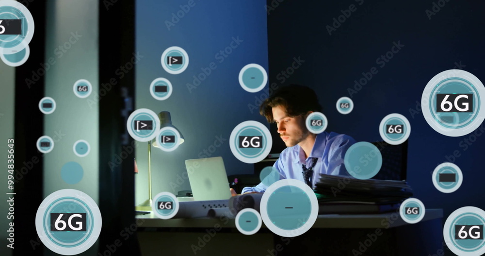 Image of circles with 6g over caucasian businessman using laptop in office Image of circles with 6g over caucasian businessman using laptop in office