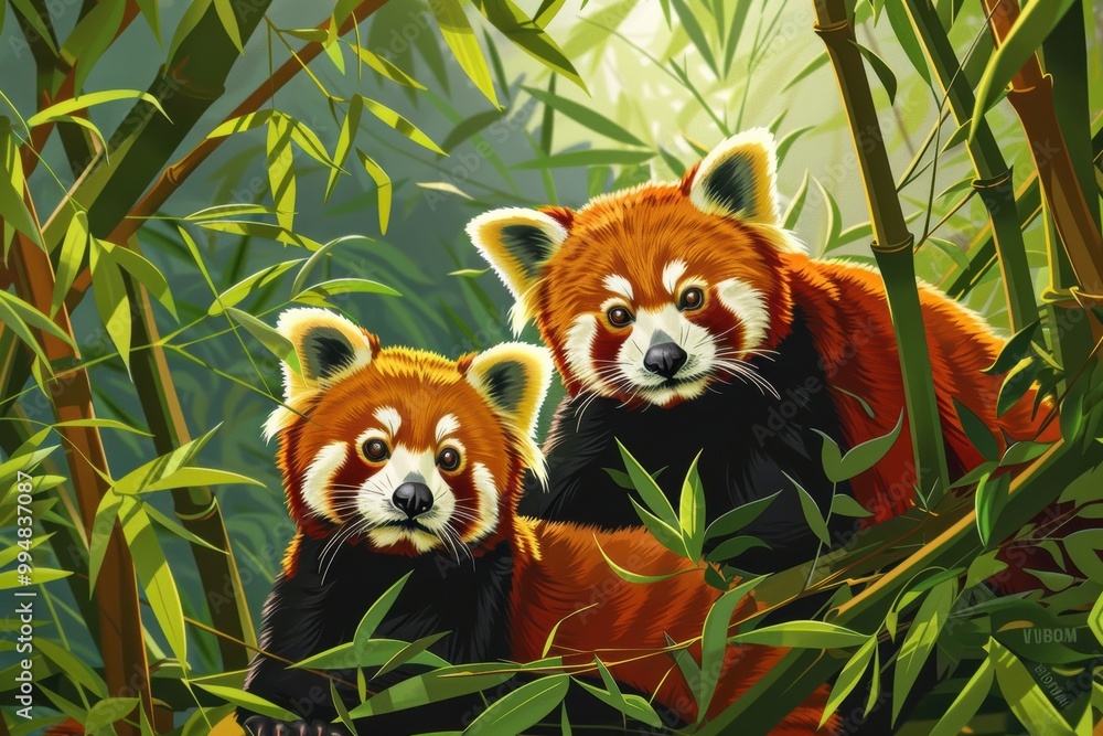 Two adorable red pandas sit among lush bamboo foliage, their wide eyes filled with curiosity. The vibrant greenery and their soft fur create a charming and heartwarming scene. Two adorable red pandas sit among lush bamboo foliage, their wide eyes filled with curiosity. The vibrant greenery and their soft fur create a charming and heartwarming scene.
