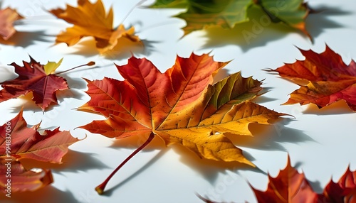 Vibrant Maple Leaves Showcasing Autumns Palette on a Crisp White Surface