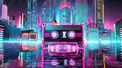 Retro Neon City with Cassette Tape and Skyline