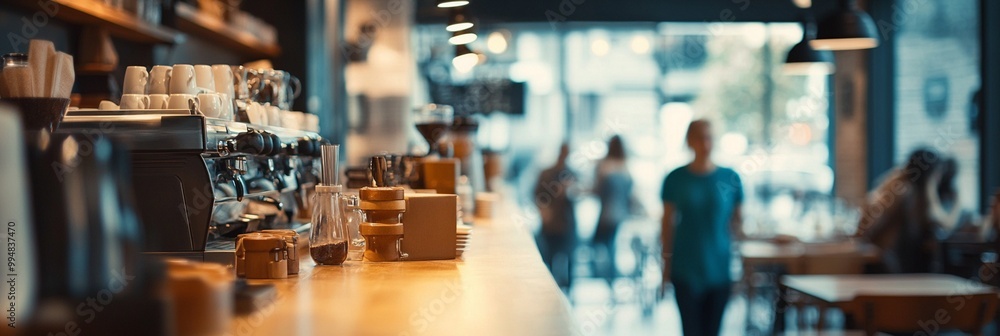 Warm glow of a bustling cafe counter with espresso machines and coffee accessories, blurred patrons in background creating cozy ambiance. Warm glow of a bustling cafe counter with espresso machines and coffee accessories, blurred patrons in background creating cozy ambiance.