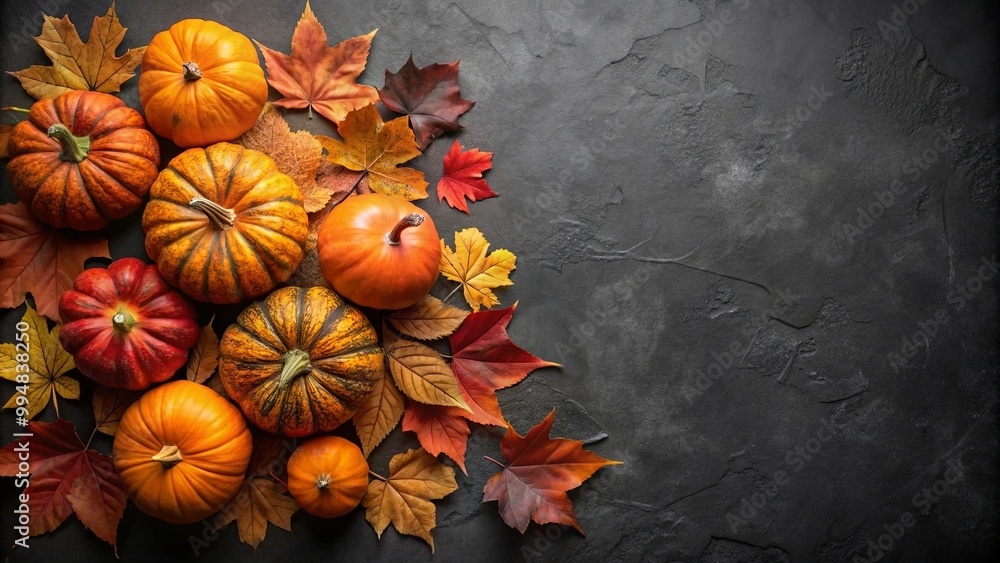 A festive arrangement of colorful pumpkins and autumn leaves against a textured black backdrop. A festive arrangement of colorful pumpkins and autumn leaves against a textured black backdrop.