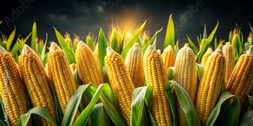 A close-up image of ripe yellow corn ears in their husks, the kernels are visible and glistening in the sun, symbolizing abundance and the bounty of nature.