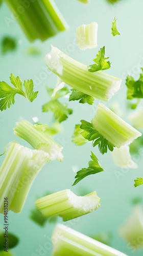 Fresh celery sticks and leaves floating in air against a soft mint green background, creating a dynamic and healthy food composition for culinary designs. photo