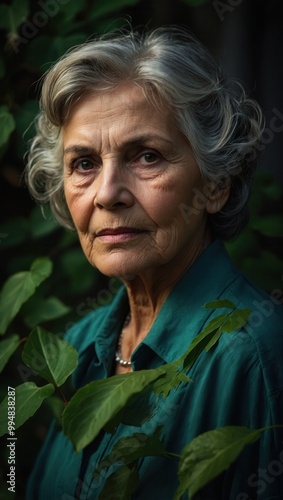 Elderly woman in dark blouse outdoors