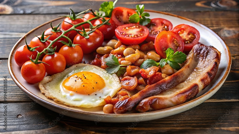 A hearty and delicious breakfast featuring fried eggs, bacon, sausages, baked beans, and cherry tomatoes, a perfect start to the day A hearty and delicious breakfast featuring fried eggs, bacon, sausages, baked beans, and cherry tomatoes, a perfect start to the day