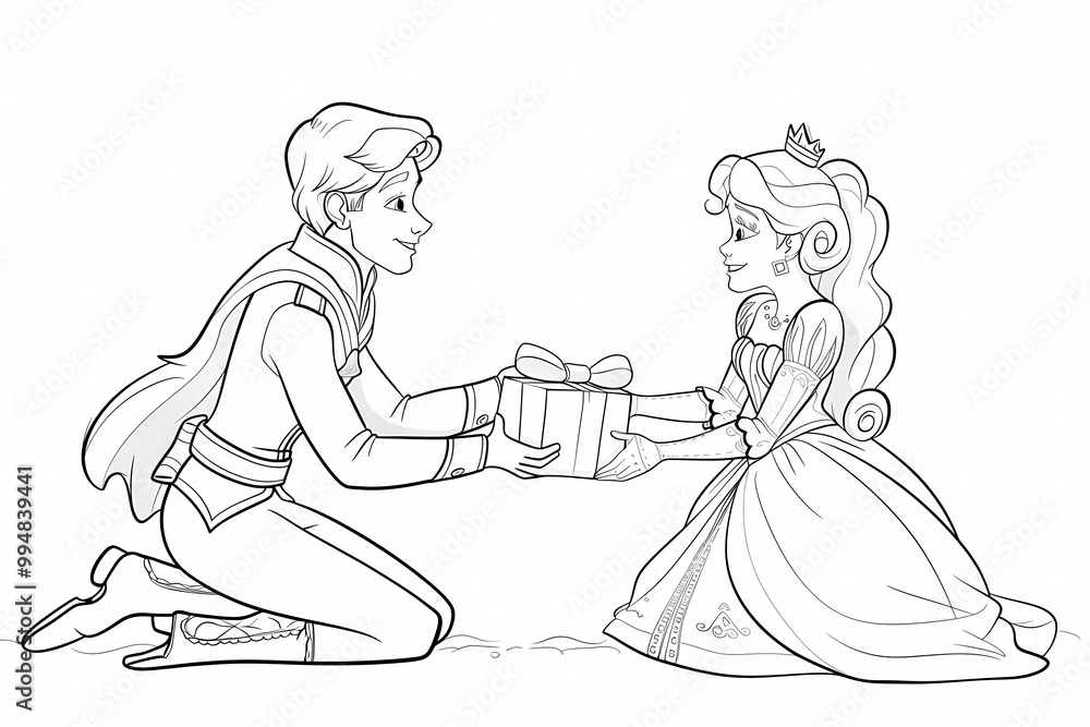 A prince presenting a beautifully wrapped gift to a princess, capturing a moment of joy and excitement in a fairytale setting.