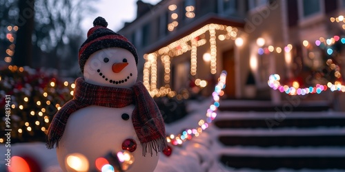 snowman with a scarf and hat standing in front American mansion decorated with many colorful lights garlands with light decorations in front of the house, with lights and a bokeh effect