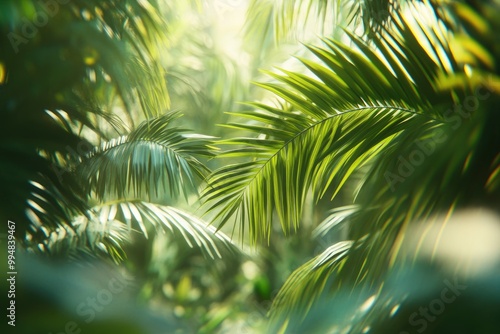 Blur background of dense tropical jungle with palm trees. Realistic 3D render of an exotic forest. Wilderness exploration and tropical flora concept. generative ai