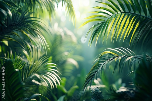 Blur background of dense tropical jungle with palm trees. Realistic 3D render of an exotic forest. Wilderness exploration and tropical flora concept. generative ai