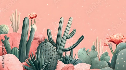 Desert Cactus and Floral Arrangement on Pink Background photo