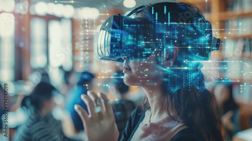 Futuristic virtual reality experience: woman immersed in digital world, surrounded by holographic data and glowing blue interface in high-tech environment