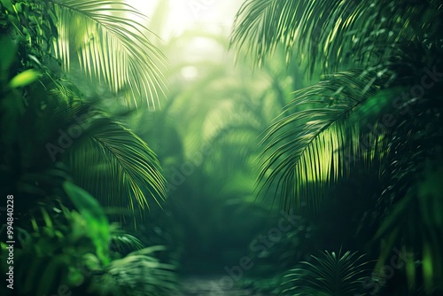 Blur background of dense tropical jungle with palm trees. Realistic 3D render of an exotic forest. Wilderness exploration and tropical flora concept. generative ai