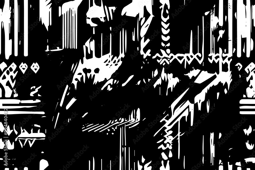Naklejka premium Stock Photo Title: Ethnic Tribal Illustration with Splash Tie Pattern, Ikat Borders, and Abstract Graffiti Wall Featuring Artistic Brushes