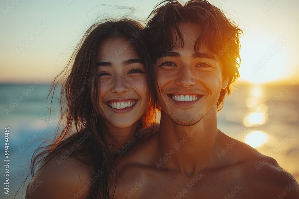 Joyful Beach Day: Young Asian Couple Enjoys Piggyback Ride and Laughter in Casual Attire Joyful Beach Day: Young Asian Couple Enjoys Piggyback Ride and Laughter in Casual Attire