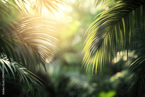 Blur background of dense tropical jungle with palm trees. Realistic 3D render of an exotic forest. Wilderness exploration and tropical flora concept. generative ai