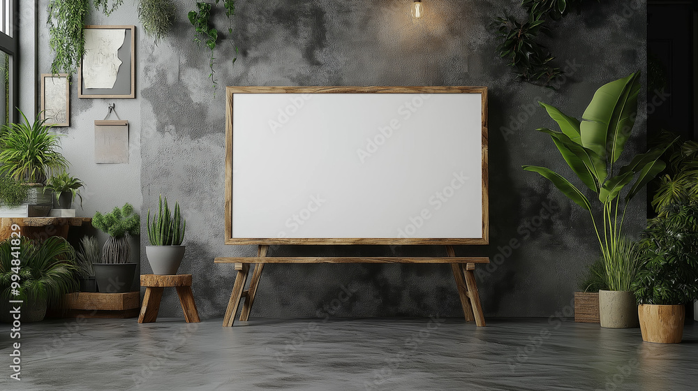 Rustic Industrial Mockup: A large blank canvas in a wooden frame stands against a textured concrete wall, surrounded by lush greenery and rustic wooden furniture. Rustic Industrial Mockup: A large blank canvas in a wooden frame stands against a textured concrete wall, surrounded by lush greenery and rustic wooden furniture.
