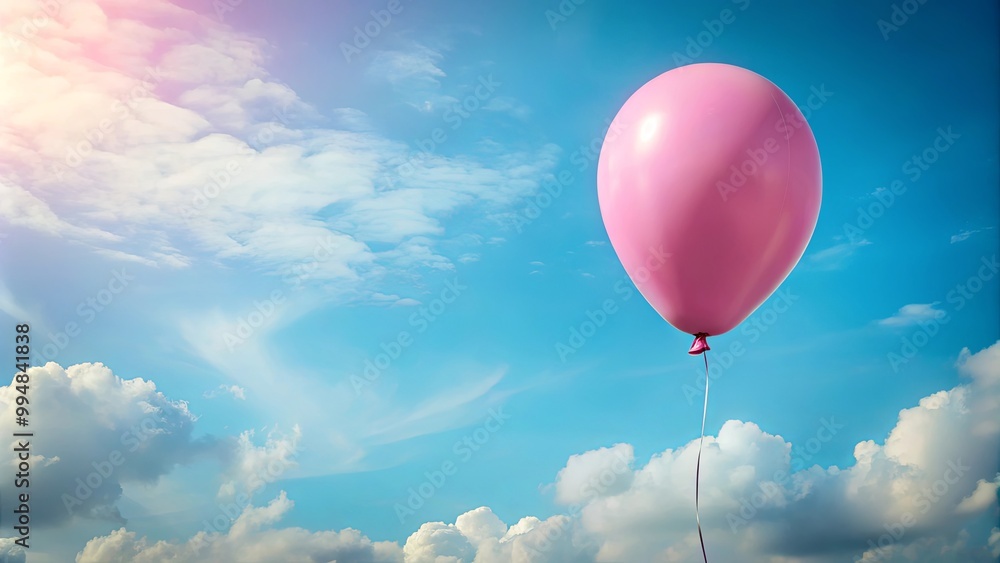 Obraz premium A single pink balloon floats against a backdrop of blue sky and white clouds, symbolizing hope, joy, and the freedom to soar.