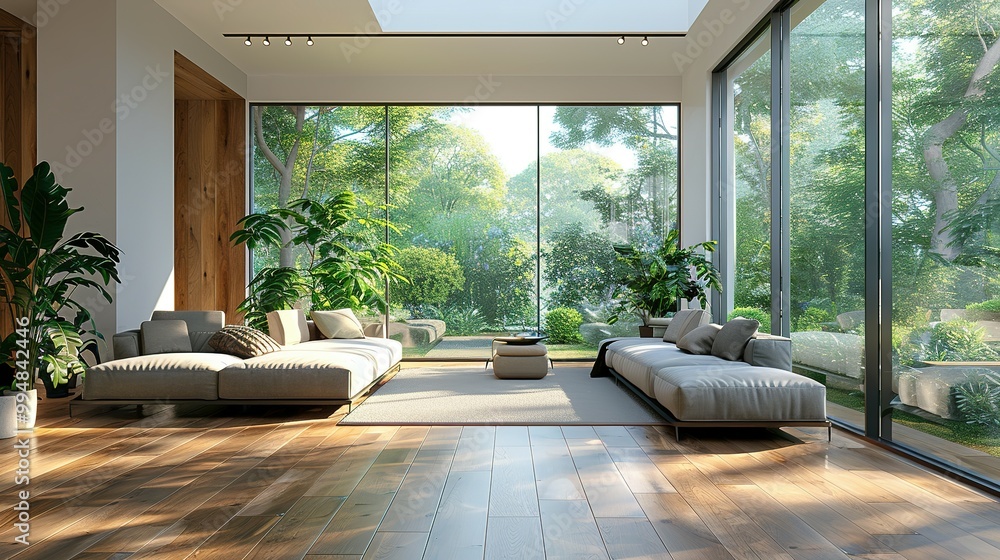 Fototapeta premium A spacious modern living room, with sleek furniture and green plants accentuating the luxury, large windows casting soft light on the wooden floor