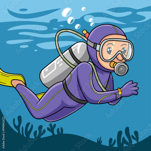 Cartoon diver swimming underwater in a purple wetsuit