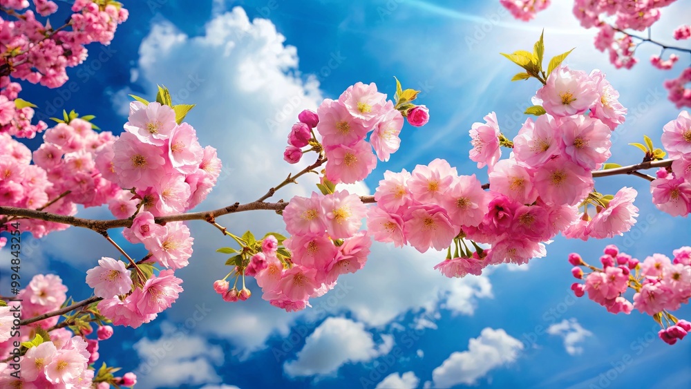 A branch of delicate pink blossoms reaches towards the sun, a vibrant contrast against the azure sky and fluffy white clouds. A branch of delicate pink blossoms reaches towards the sun, a vibrant contrast against the azure sky and fluffy white clouds.